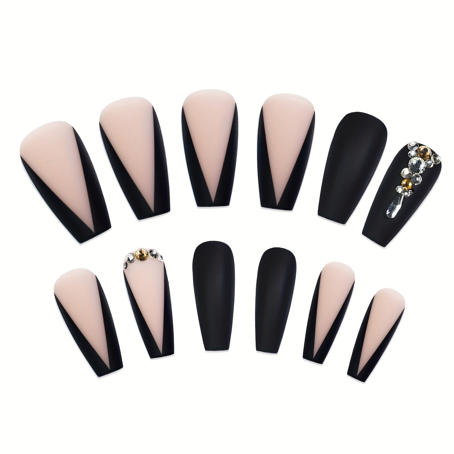 Long Luxury Rhinestone Fake Nails β Black French Tips