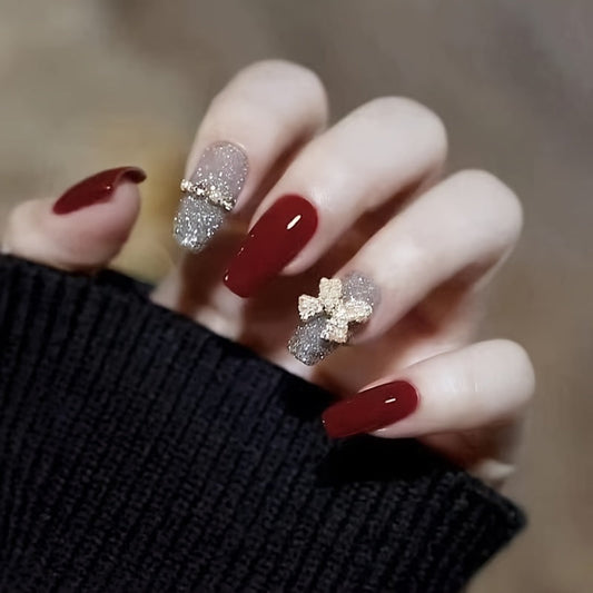 Coffin Glossy Wine Red False Nails
