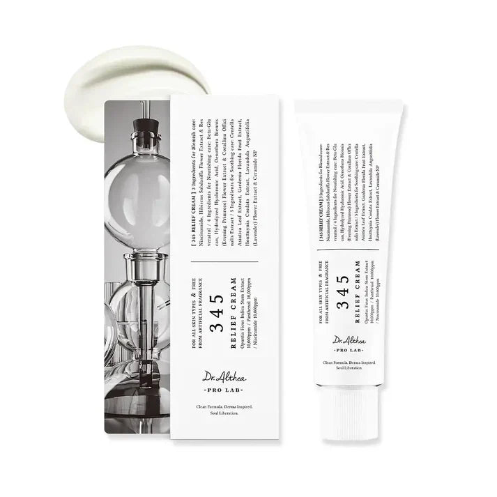 Dr. Althea 345 Relief Cream tube with gel-cream swatch